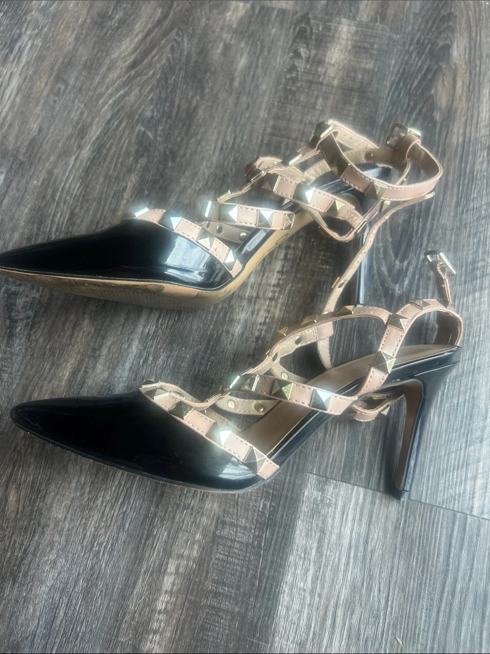 Mix No. 6 Black Patent Pointed-Toe Heels with Nude Studded Straps